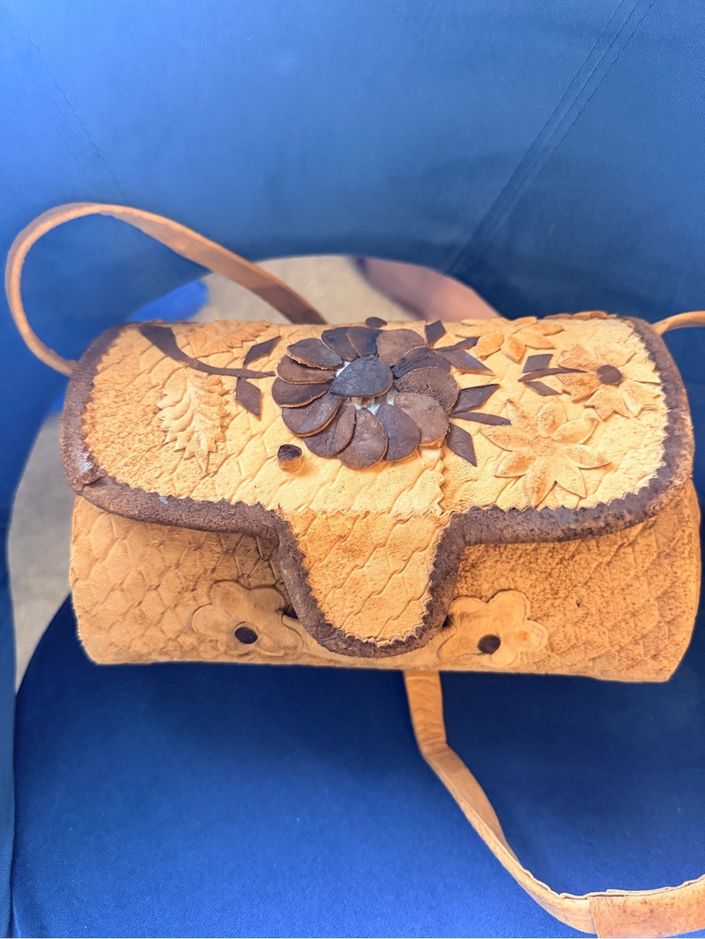 Handcrafted Floral Tooled Leather Crossbody Bag in Tan